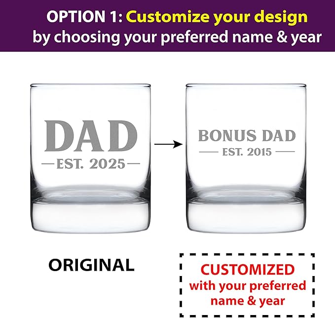 Custom Dad Est 20XX - New Father Whiskey Rocks Glass Gift for First Time Parents - Personalized Bold 10.25 Oz Glasses