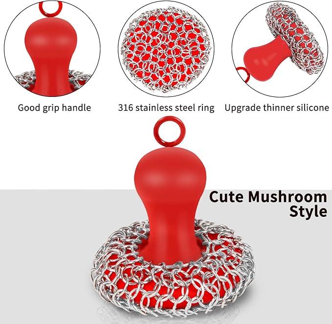 Cast Iron Cleaner Scrubber with Handle - Chain Mail Cast Iron Scrubber Brush-Chainmail Sponge Scrub Cleaning Tool to Clean Skillets, Pan,Griddle, Wok, Dutch Oven