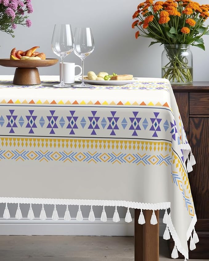 Bohemian Linen Rectangle Tablecloth 60''x 102'', Boho Tassels Table Cloth, Farmhouse Dining Table Cover Waterproof & Wrinkle Free for Kitchen, Holiday, Party, Picnic
