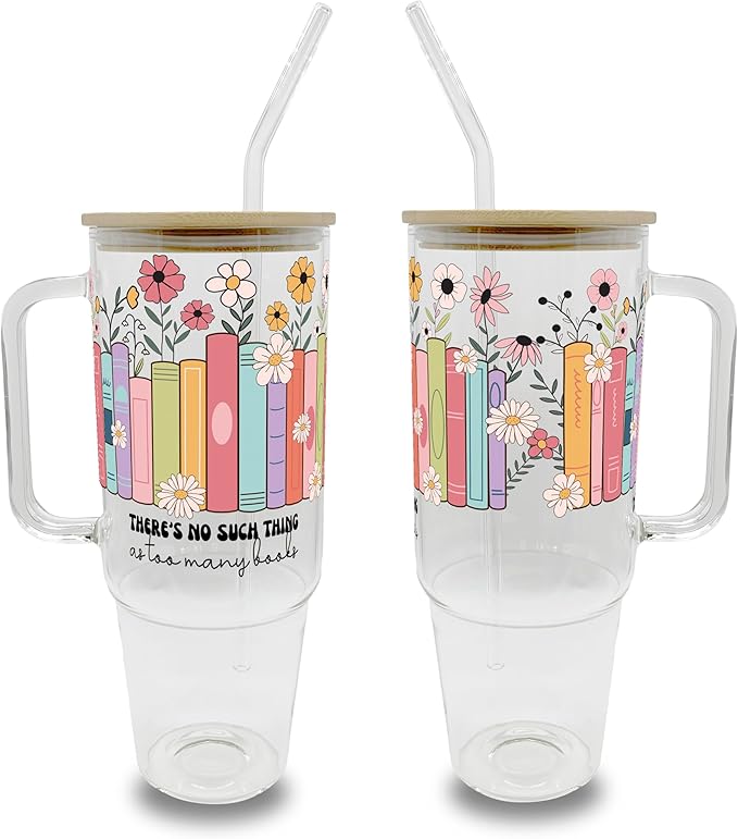 Sip-Sip Hooray! 40oz Bookshelf Glass Tumbler with Lid and Straw, No Such Thing as Too Many Books Cup, Book Lover Gift, Booktok Aesthetic Reader Drinkware, Large Coffee Mug