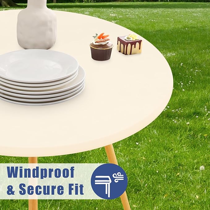 Round Spandex Tablecloth, Elastic Fitted Waterproof Tablecloths for 57"-68" Tables, Stretch Washable Picnic Table Cover for Camping, Dining, Indoor and Outdoor, Beige
