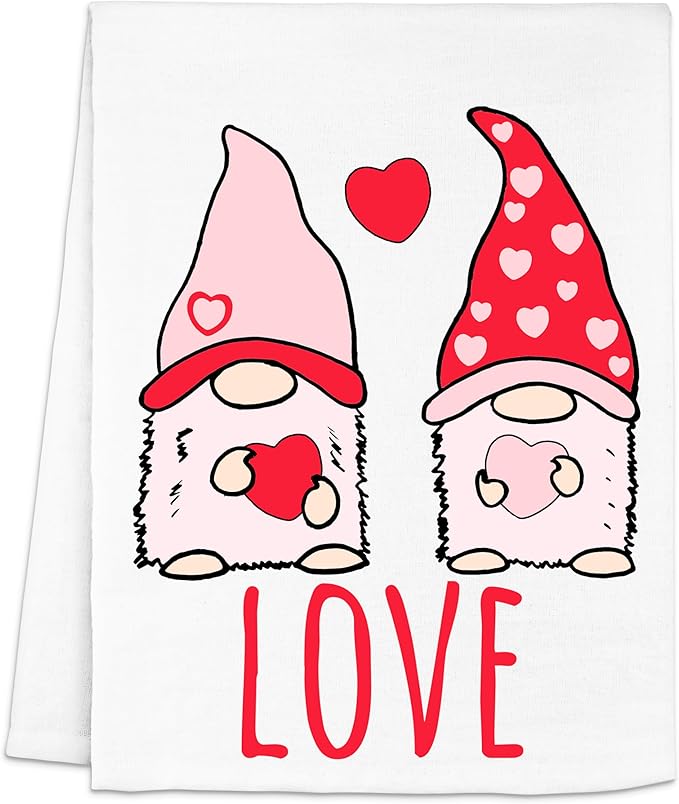 Moonlight Makers, Funny Colorful Dish Towel, Flour Sack Kitchen Towel, Sweet Housewarming Gift, Farmhouse Kitchen Decor, Valentine's Day Gift (Gnome Love)