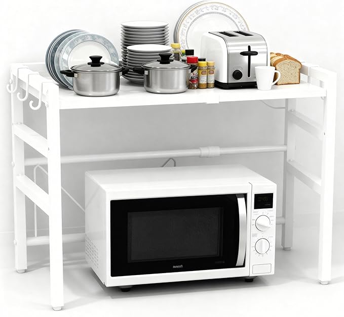 Microwave Oven Rack, Microwave Shelf Expandable Microwave Stand Countertop Kitchen Utensils, Bakers Rack, Carbon Steel Over Microwave Shelf Countertop with 6 Hooks (White, 2 Tier)