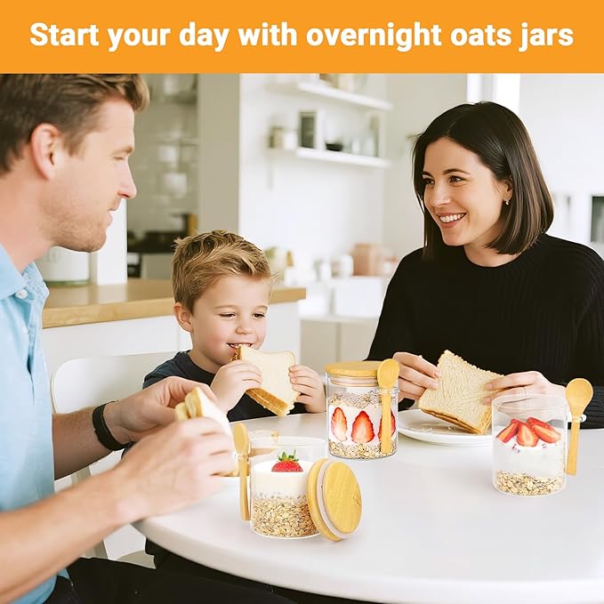 Glass Jars with Bamboo Lids - 4 Pack 15 Fl.oz Round Glass Storage Jars with Airtight Lid and Spoon, Clear Stackable Food Container for Overnight Oats, Spice, Coffee, Sugar, Tea Canister