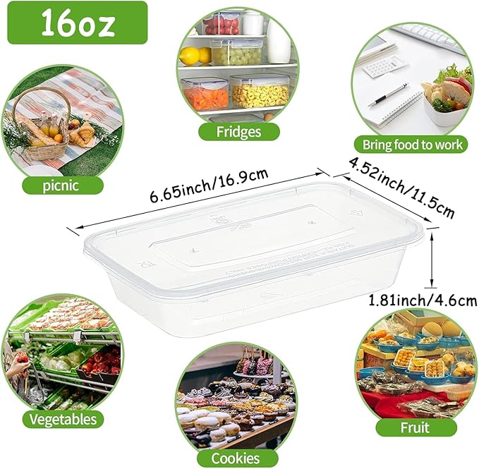 16oz Disposable Food Storage Containers with Airtight Lids, 50Pcs Reusable Deli Meal Prep Containers, Leakproof, Microwaveable, Dishwasher & Freezer Safe