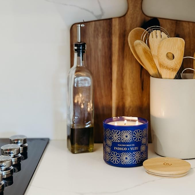 Calyan Wax Co. Indigo & Yuzu 3 Wick Scented Candle - 43 Hour Burn - Luxury 3 Wick Soy Candles - Non Toxic Soy Wax Candles - Long Lasting Large Glass Jar Candle for Home - 14.9oz