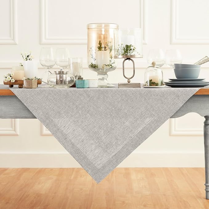 Solino Home Linen Tablecloth 52 x 52 Inch - 100% Pure Linen Square Table Throw - Athena, Machine Washable Oyster Grey Tablecloth for Spring, Easter