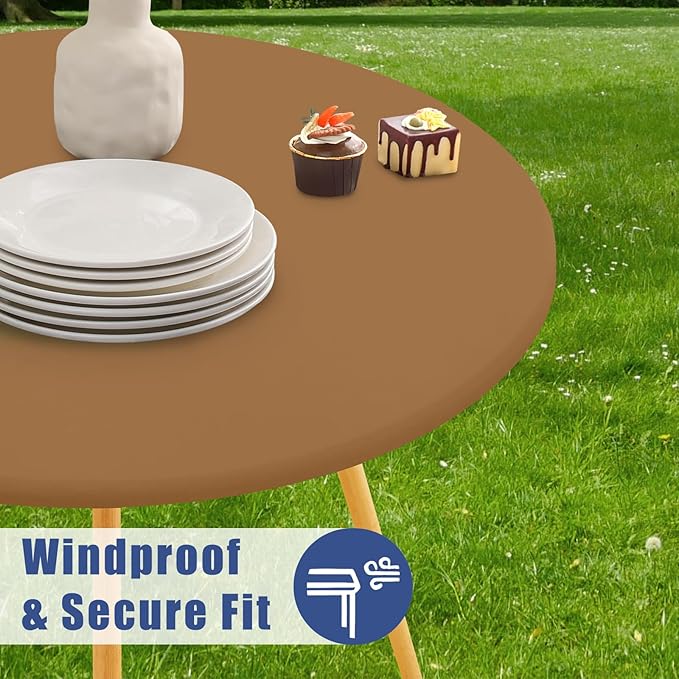 Round Spandex Tablecloth, Elastic Fitted Waterproof Tablecloths for 36"-44" Tables, Stretch Washable Picnic Table Cover for Camping, Dining, Indoor and Outdoor,Brown
