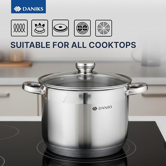 Daniks Standard 10 Quart Stainless Steel Stock Pot with Glass Lid, Tri-Ply Bottom for Even Heating, Induction Compatible, Dishwasher Safe, Built-In Measuring Scale, Silver