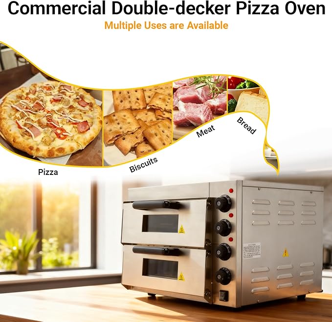 16 inches Commercial Double-Deck Oven 3KW Electric Stainless Steel Pizza Baking Oven 50℃-350℃(122℉-572℉) Independent Temperature Control 220V
