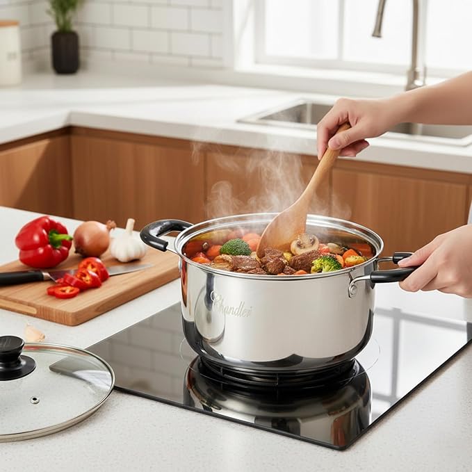 Chandler Stainless Steel Cookware Set, 13-piece Pots and Pans with Tempered Glass Lid - Cooking Set with Deep Pans, Saucepans & Pots Compatible for Family Meals (13-Pieces Stainless Steel)