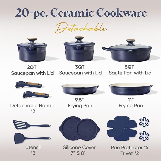 CAROTE 20Pcs Titanium Cookware Set, Pots and Pans Set Non Stick, Kitchen Cooking Set with Detachable Handle, Non Toxic Induction Cookware, Dishwasher/Oven Safe，Blue