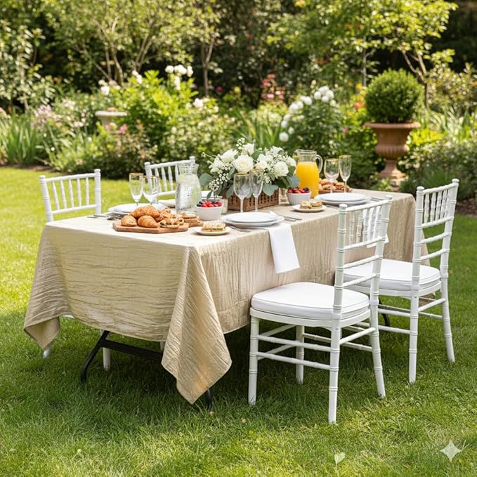 YOUR CHAIR COVERS - 60 x 102 inch Rectangular Crinkle Taffeta Tablecloth - Champagne, Rectangle Table Linens for 6 ft Rectangular Tables, Wedding Crushed Table Cloth