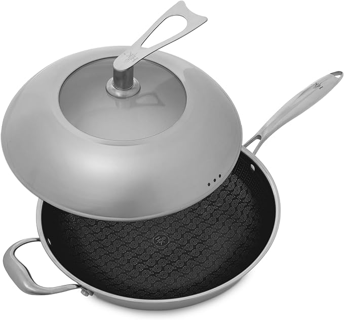 Hell's Kitchen Hybrid 12” Wok Pan, Tri-Clad Stainless Steel and Nonstick Ceramic, PFAS Free, no PFOA, no PTFE, no Teflon, Non Toxic Cookware, Metal Utensil Safe, All Cooktops and Oven Safe (Wok + Lid)