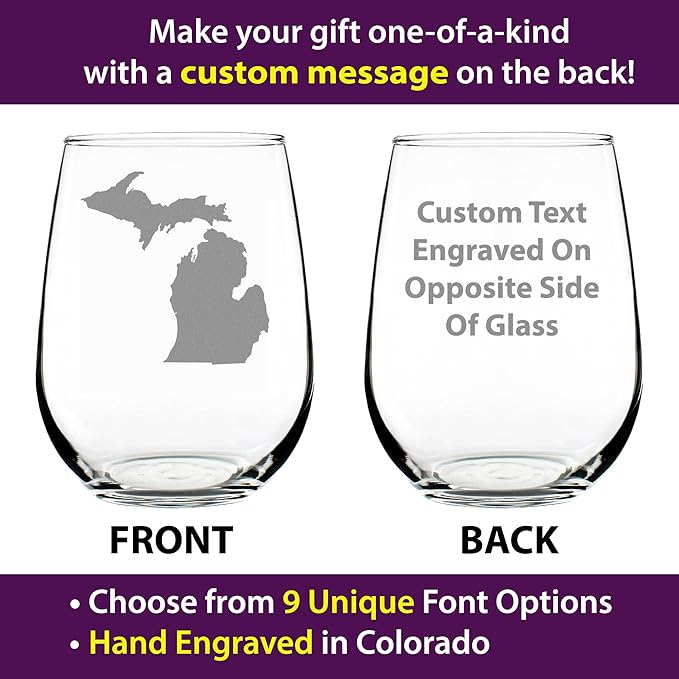Custom Michigan State Outline Personalized Stemless Wine Glass - State Themed Drinking Decor and Gifts for Michigander Women & Men - Large 17 Oz Glasses - Customized Wine Glass Gift