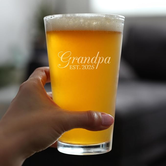 Bevvee Grandpa Est 2025 - New Grandfather Pint Glass Gift for First Time Grandparents - Set of 2 - Decorative 16 Oz Glasses