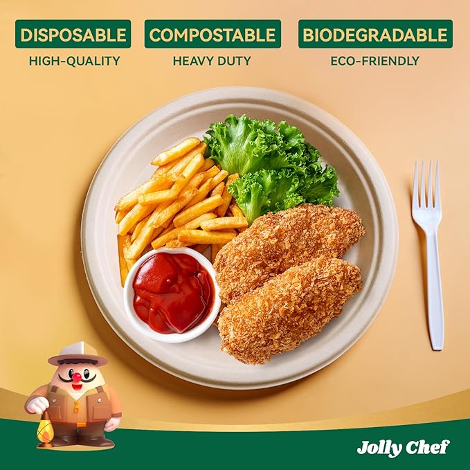 JOLLY CHEF Compostable Heavy Duty Plates 𝟭𝟬 𝗜𝗻𝗰𝗵 [𝟱𝟬𝟬 𝗣𝗮𝗰𝗸] Eco-Friendly Disposable Paper Plates Natural Bagasse Biodegradable Sugarcane Bulk for Party Hot Cold Dinner Christmas (Brown)