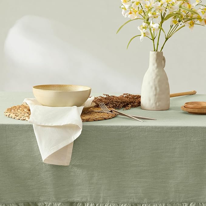 MONDAY MOOSE Ruffle Farmhouse Rustic Rectangle Natural Stonewashed Cotton Tablecloth for Kitchen, Dining Room, Restaurant (60x86 inch, Sage Green)