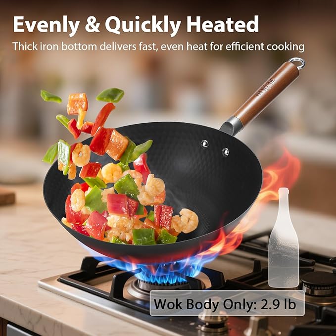 WANGYUANJI 12.6 Inch Carbon Steel Wok with Lid and Metal Spatula, Flat Bottom Uncoated Lightweight Wok Pan with Wooden Handle for Stir-Fry, Gas, Electric and Induction