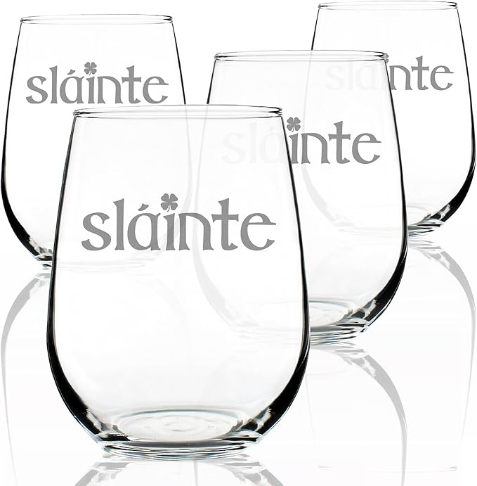 Bevvee Slainte Irish Cheers - Stemless Wine Glasses - Set of 4 - Fun Irish Themed Gifts and Decor - Large 17 Ounce