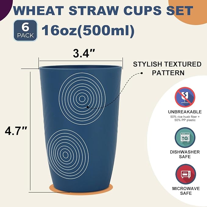 Wrova Wheat Straw Cups 16oz Tumbler Set of 8 with Etched Pattern - Alternative Plastic Cups Dishwasher Safe - Plastic Drinking Cups Unbreakable for Kids - Black to Grey