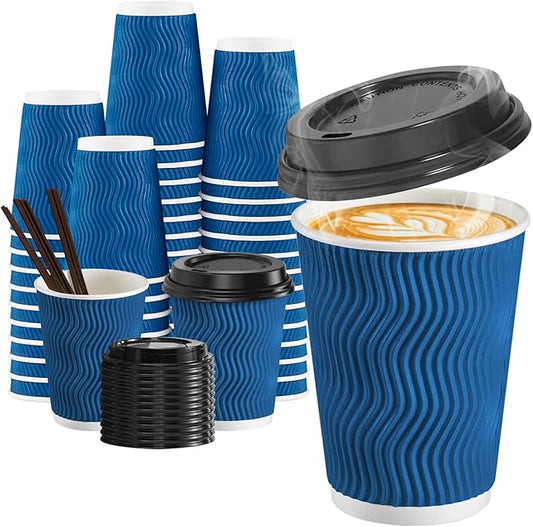 SIUQ 90 Pack 12 oz Disposable Coffee Cups with Lids and Straws, Insulated Ripple Wall To Go Paper Coffee Cups for Coffee, Hot Chocolate and Hot Tea Drinks - Navy