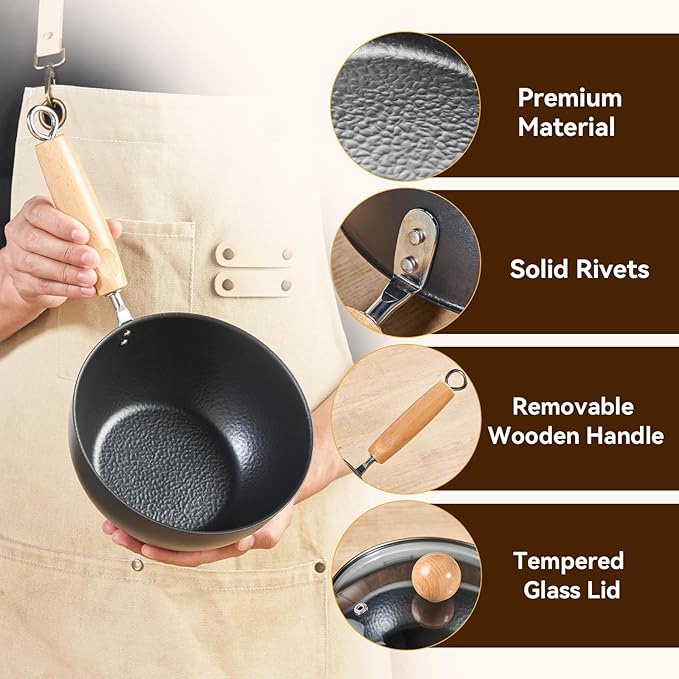 WANGYUANJI 7.1 Inch Hammered Iron Saucepan with Glass Lid, Removable Beechwood Handle, Small Milk Pot for Boiling, Simmering, Heating – Non-Coated, Stovetop Compatible