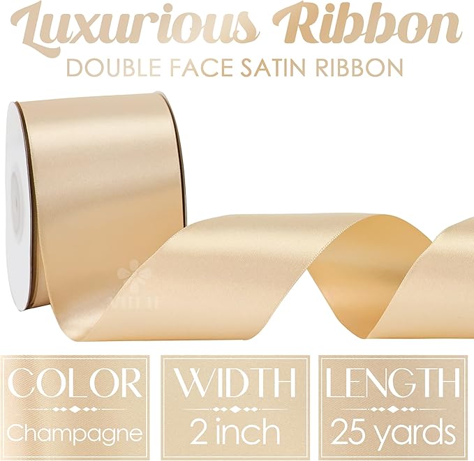 MEEDEE Champagne Satin Ribbon 2 Inch Champagne Ribbon Lux Double Faced Ribbons by 25 Yards Silk Satin Ribbons for Gift Wrapping, Wedding, Flower Bouquet, Holiday Decorating