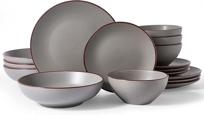 Famiware Venus Speckled Dinnerware Set with Pasta Bowls, Service for 4 (16 Pieces), Stoneware Plates and Double Bowls Sets, Microwave & Dishwasher-Safe Dishes with Trim, Matte Dark Grey