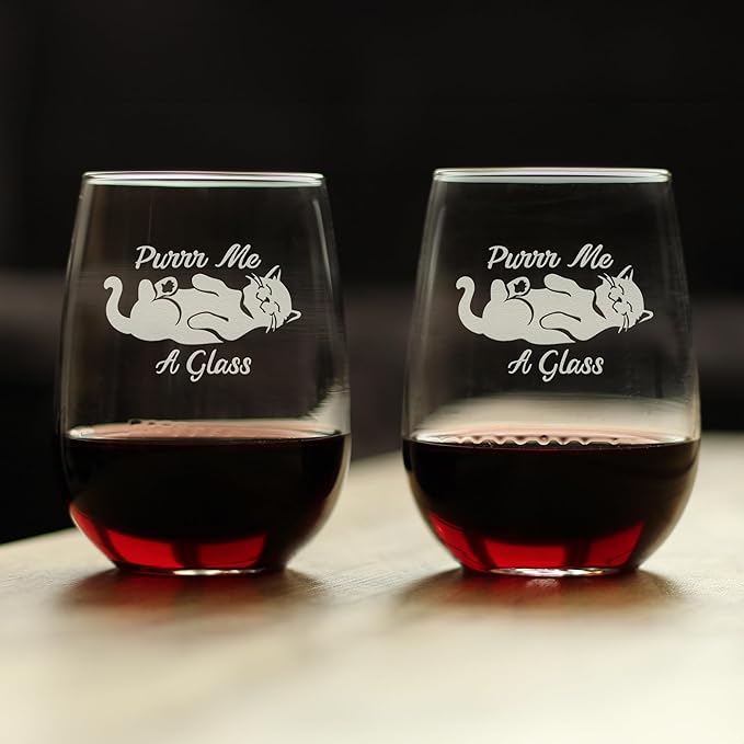 Bevvee Purr Me A Glass – Cat Stemless Wine Glass, Etched Sayings, Funny Kitten Gift, Large Glasses