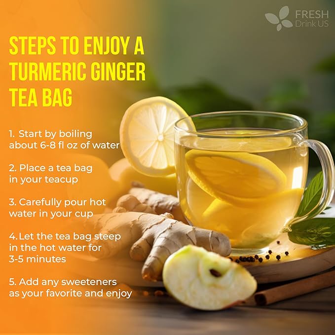 FreshDrinkUS, Premium 85 Ginger Turmeric Tea Bags, 100% Natural Ingredients, Hand-made Blend of Ginger and Turmeric Herbal Tea, Eco-conscious Tea Bags. No Sugar, No Caffeine, No Gluten, Vegan.