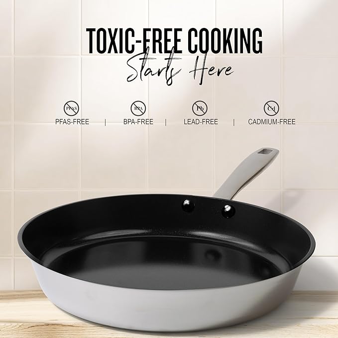 Alva Maestro 8-Inch Stainless Steel Nonstick Frying Pan – Made Without PFAS, PFOA & PTFE Ceramic Coating – Reinforced 5-Ply Aluminum Core, Oven & Induction Safe for Even Heat, Easy to Clean Coating