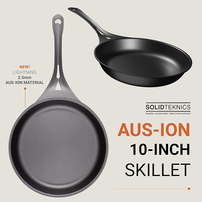 SOLIDTEKNICS AUS-ION 10-inch Lightweight Iron Skillet - Pre-Seasoned, Ideal for Frying, Grilling, Baking - All-Purpose Cookware for Stovetop, Oven, BBQ, Campfire - Australian Kitchen Essential