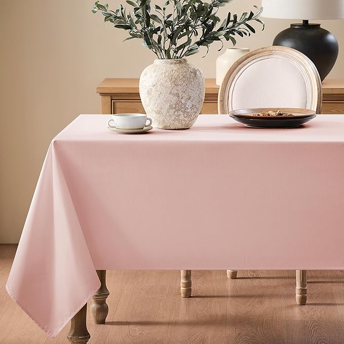 Faux Linen Tablecloths for Rectangle Tables, Burlap Textured Table Cloths Washable Farmhouse Table Cover Water Resistant for Dining, Wedding, Outdoor(Pink, 60"×120")