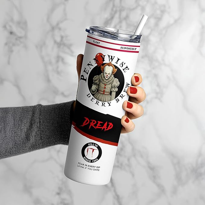 Pennywise Clown Tumbler, Hard Seltzer Horror IT Movie Merchandise, Scary Fan Collectible Birthday Gift, Travel Coffee Tea Drinkware, Insulated Tumbler with Lid and Straw (20 Oz)