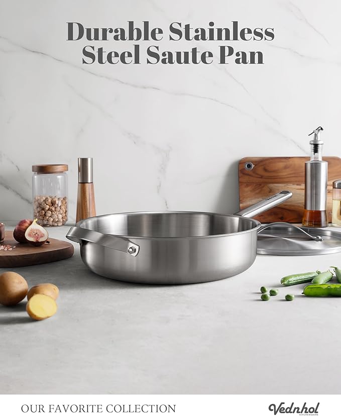 Stainless Steel Saute Pan with Stainless Steel Lid 6-Quart,12-Inch Deep Skillet,Dishwasher&Oven Safe,Induction&All Stove Compatible,Brushed Finish
