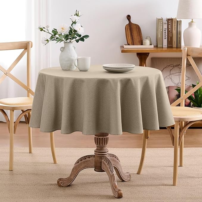 Faux Linen Tablecloths for Rectangle Tables, Burlap Textured Table Cloths Washable Farmhouse Table Cover Water Resistant for Dining, Wedding, Outdoor(Khaki, 60" Round)