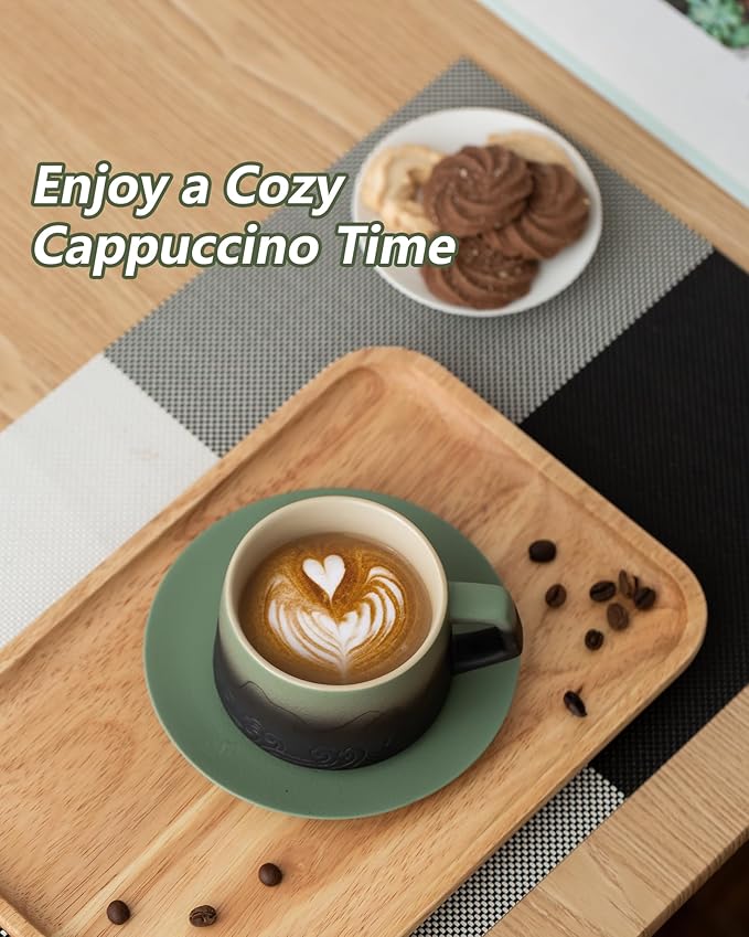 ZENS 8 Ounce Artistic Cappuccino Cups Set of 2, Embossed Ceramic Coffee Mug with Saucers for Latte Art, Moss Green & Black