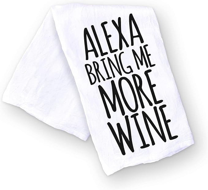 Handmade Funny Kitchen Towel - 100% Cotton Funny Hand Bar Towels for Wine Lover - 28x28 Inch Perfect for Hostess Housewarming Christmas Mother’s Day Birthday Gift (Alexa Bring Me More Wine)