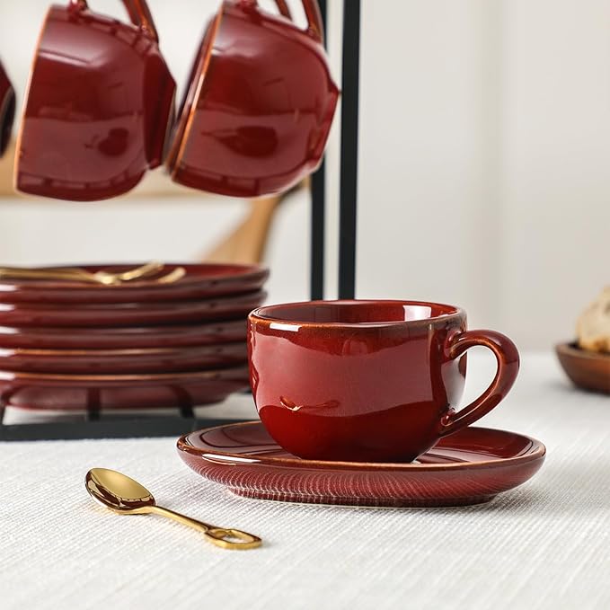vicrays Ceramic Espresso Coffee Cups Set 4 oz Porcelain Espresso Cups with Saucers Spoons and Metal Stand for Tea Cafe Cappuccino Latte - Set of 6 - Cherry Red