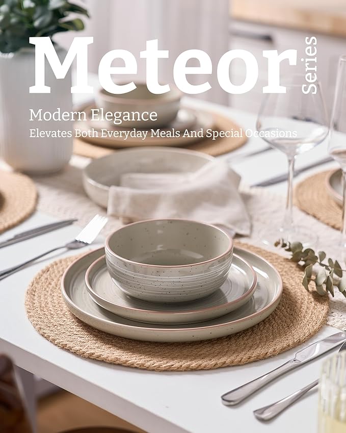 Famiware Meteor Plates and Bowls Sets, 24-Piece Stoneware Dinnerware Sets, Dishes Set for 8, Microwave and Dishwasher Safe Tableware, Matcha Green