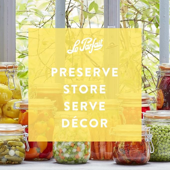 Le Parfait Super Jar - 2L French Glass Canning Jar w/Round Body, Airtight Rubber Seal & Glass Lid, 64oz/2 Quarts (Single Jar) Stainless Wire