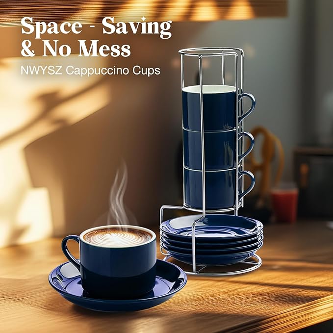 5 Ounce Blue Porcelain Stackable Espresso Cups with Stainless Steel Holder, Set of 4, Durable Ceramic, Perfect for Home, Office or Gift