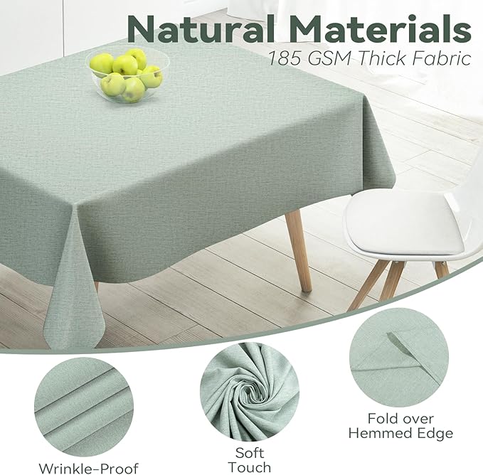 Rectangle Tablecloth Linen Texture Waterproof and Stain-Resistant Green Table Cloth, Kitchen Dining Table Decoration Fabric, 60 x 84 inch, Sage Green