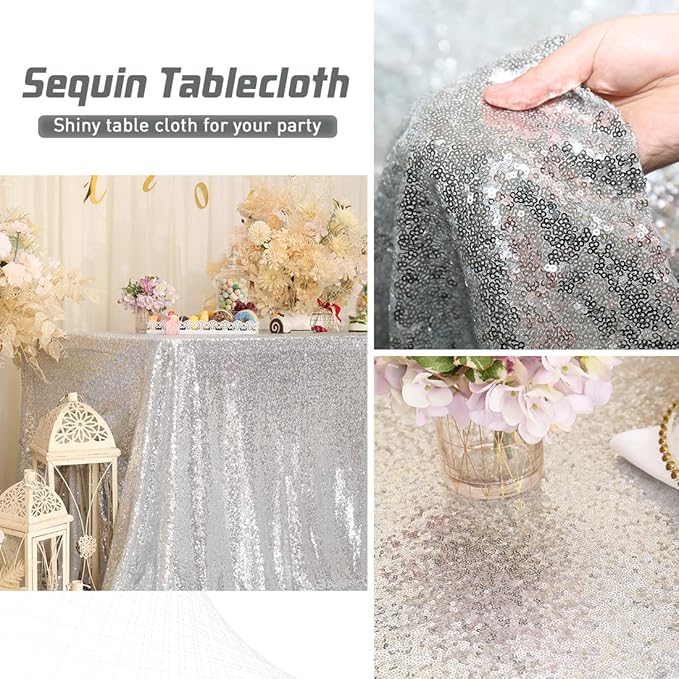Eternal Beauty Silver Tablecloth, 50x80 Inch Sequin Rectangle Glitter Table Cover for Cake Dessert Exhibition Party Birthday Events