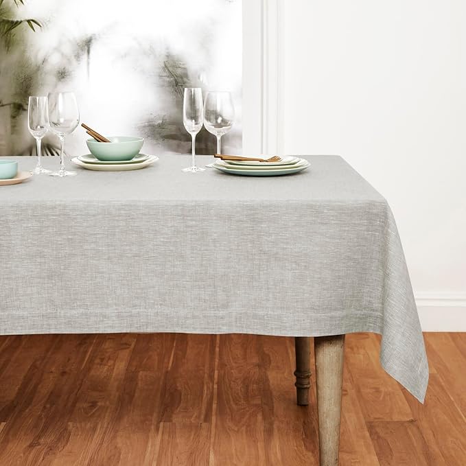Solino Home Linen Tablecloth 60 x 144 Inch - 100% Pure Linen Oyster Grey Table Cloth for Rectangle Tables - Athena, Machine Washable Tablecloth for Spring, Easter