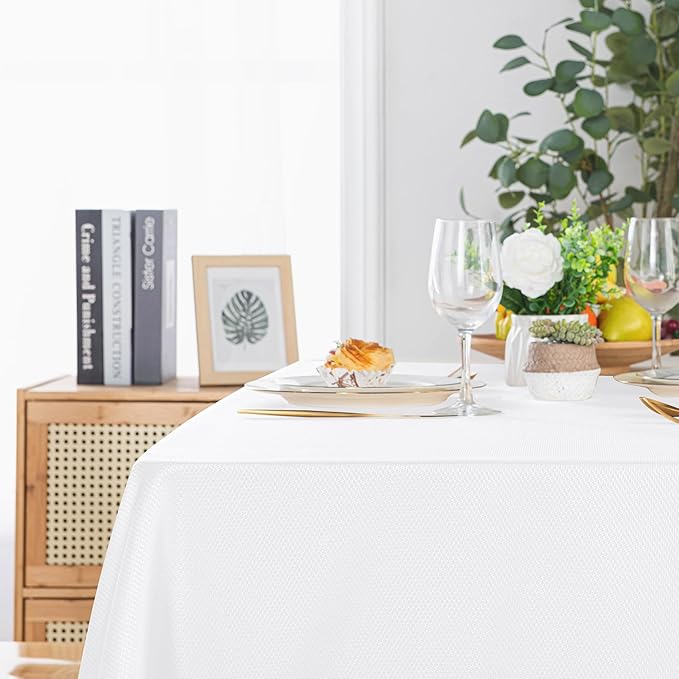 Hiasan 52 X 70 Inch Rectangle Textured Tablecloth - Waterproof Spillproof Antiwrinkle Jacquard Table Cloth for Kitchen and Dining Dinner, Outdoor Picnic, Holiday and Parties, White