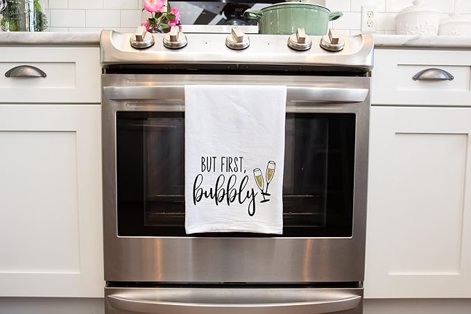 Handmade Funny Kitchen Towel - 100% Cotton Funny Hand Bar Towels for Champagne Celebrations - 28x28 Inch Perfect for Hostess Housewarming Christmas Mother’s Day Birthday Gift (But First Bubbly)