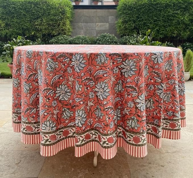 Ridhi Block Print Round Peach and Berry Blue Reusable Tablecloth 100% Cotton 110" Inch Decorative Table Cover eveyday Dining, Home, Party, Wedding, Farmhouse Gift for Spring, Easter, Valentine