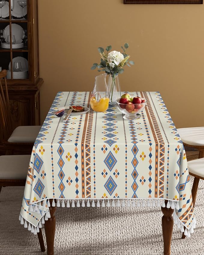 Bohemian Linen Tablecloth Rectangle 55''x 90'', Boho Waterproof Dining Table Cover with Tassels, Farmhouse Table Cloth Wrinkle Free for Kitchen, Party, Picnic, Holiday